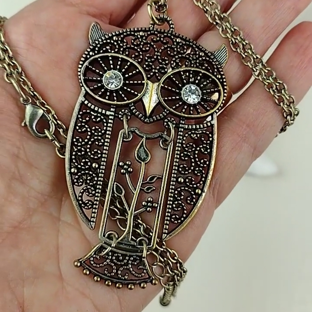 Brassy Gold Tone Rhinestone Eyes Dynamic Filagree Owl Necklace